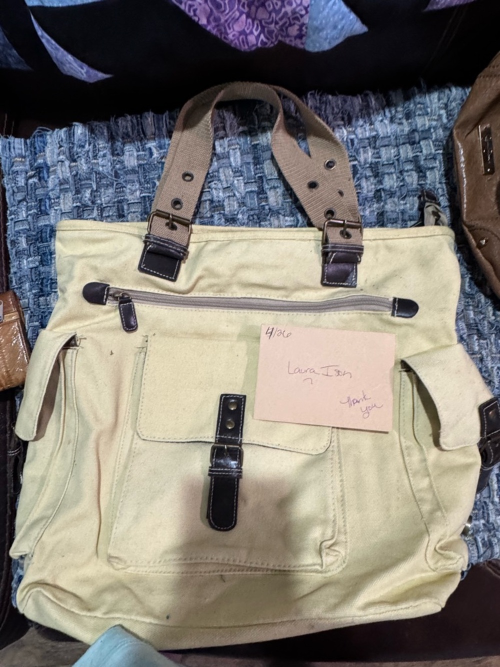 Canvas Tote Bag in Light Cream with Dark Trim  Carryall